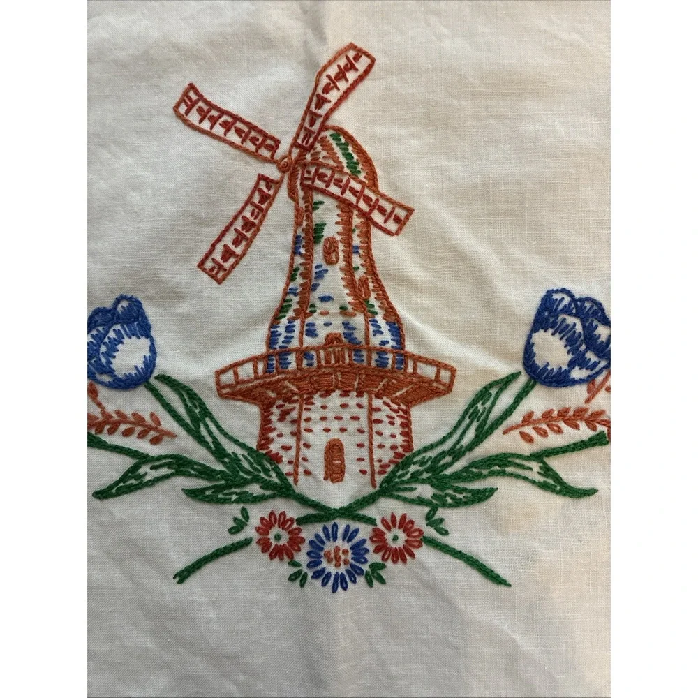 VTG White Linen Table Topper Hand Embroidered Tulips Windmills 32x33